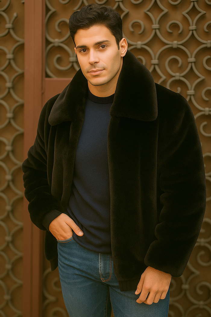 Men's Black Faux Fur Overcoat  Fuzzy Warm Winter Jacket Style