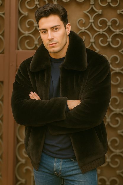 Men's Black Faux Fur Overcoat  Fuzzy Warm Winter Jacket Style