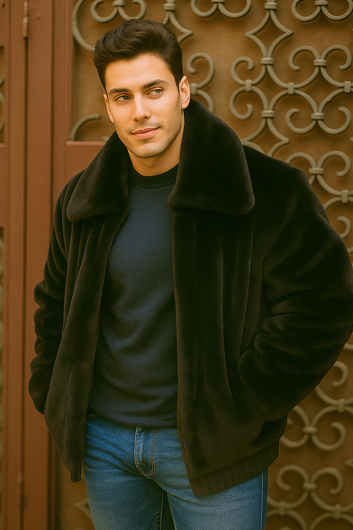 Men's Black Faux Fur Overcoat  Fuzzy Warm Winter Jacket Style