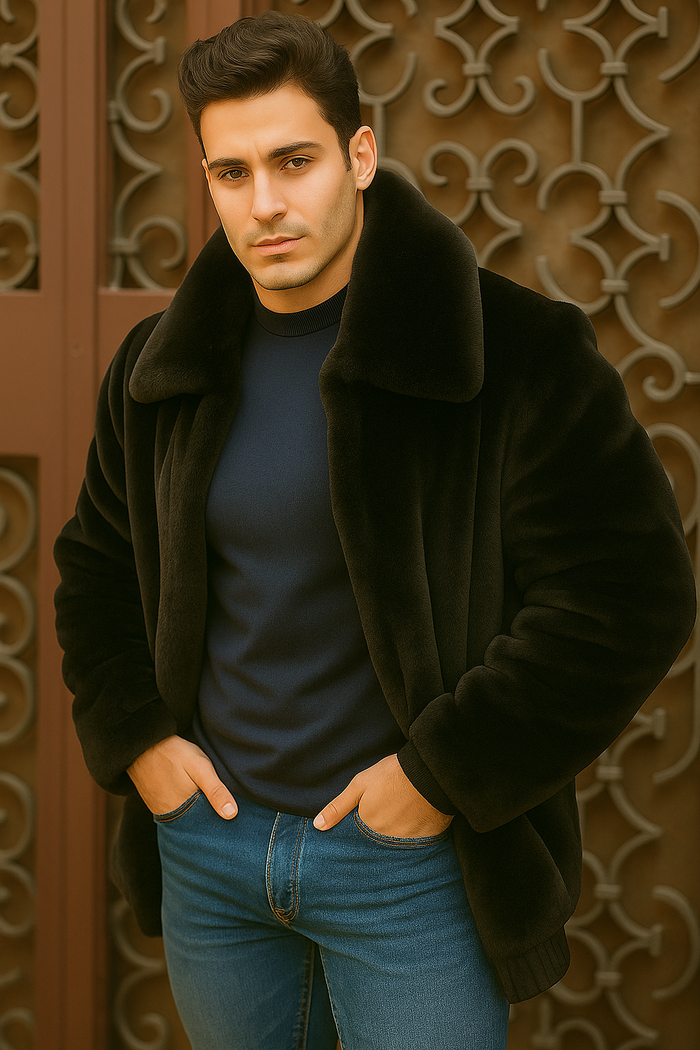 Men's Black Faux Fur Overcoat  Fuzzy Warm Winter Jacket Style