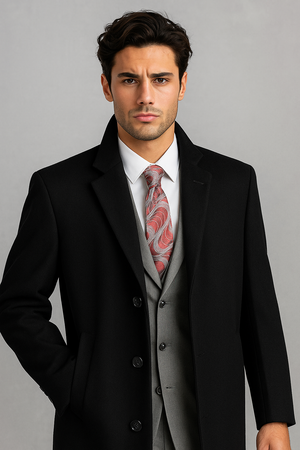 Men's Black Wool & Cashmere Overcoat  Classic Full Length Topcoat