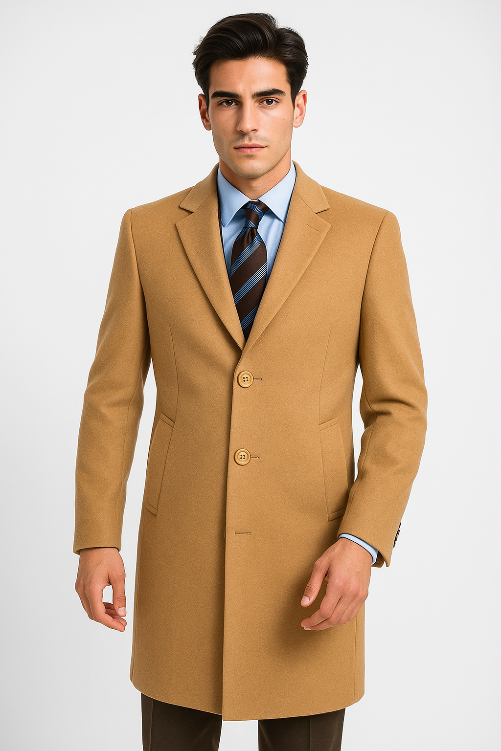 Men's Camel Wool & Cashmere Overcoat  Classic Full Length Topcoat