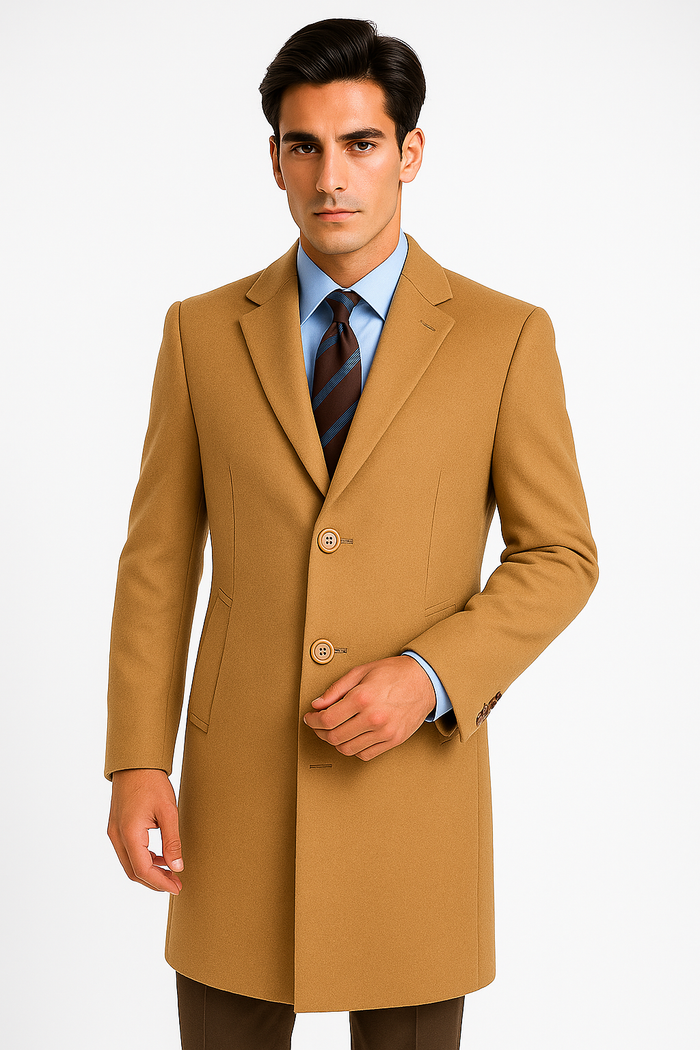 Men's Camel Wool & Cashmere Overcoat  Classic Full Length Topcoat