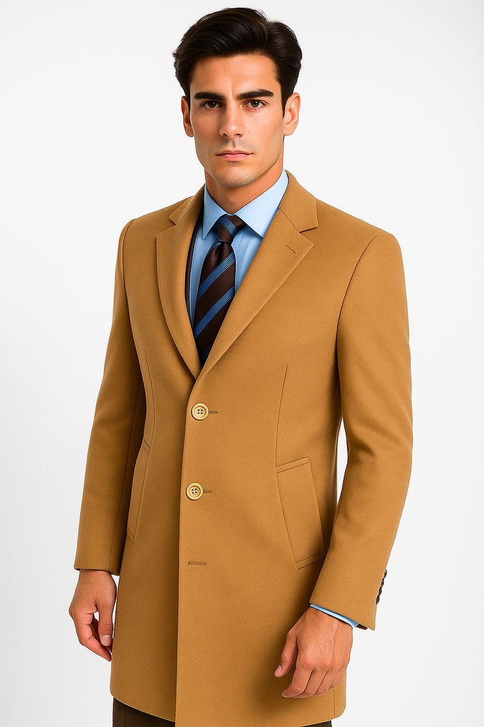 Men's Camel Wool & Cashmere Overcoat  Classic Full Length Topcoat