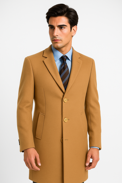 Men's Camel Wool & Cashmere Overcoat  Classic Full Length Topcoat