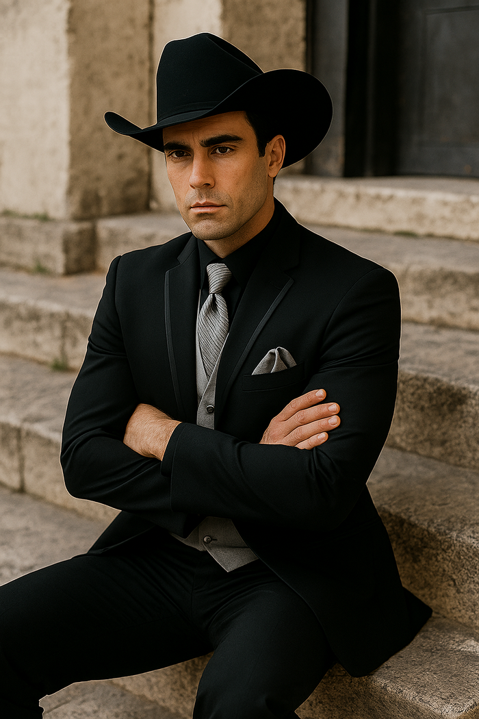 Mens Black Western Tuxedo with Silver Vest & Cowboy Hat  Slim Fit