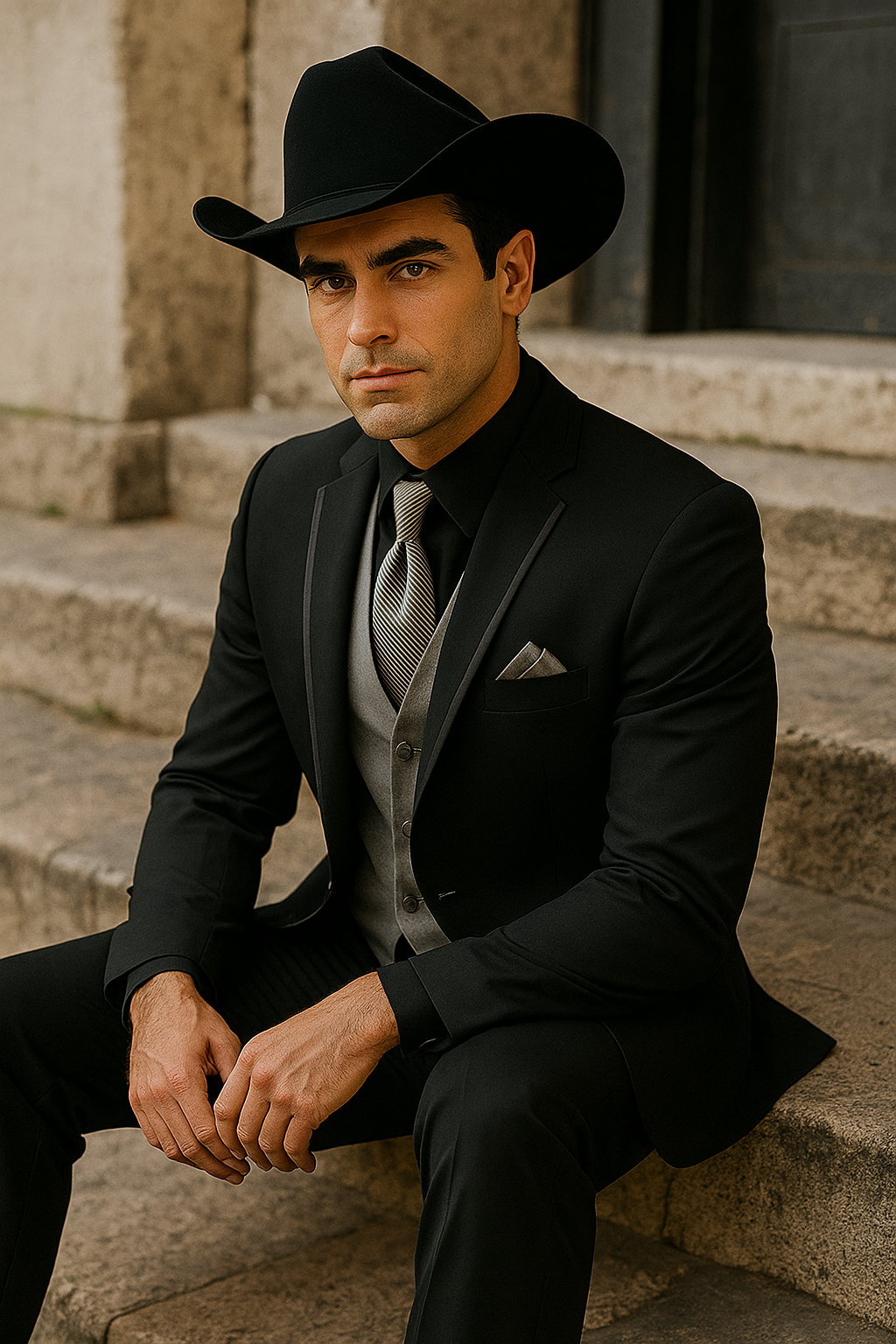 Mens Black Western Tuxedo with Silver Vest & Cowboy Hat  Slim Fit