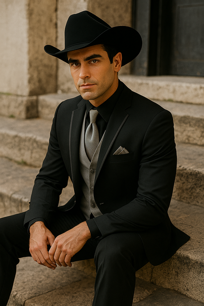 Mens Black Western Tuxedo with Silver Vest & Cowboy Hat  Slim Fit