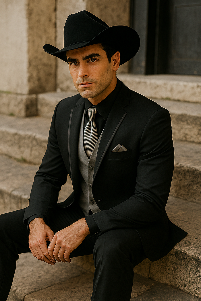 Mens Black Western Tuxedo with Silver Vest & Cowboy Hat  Slim Fit