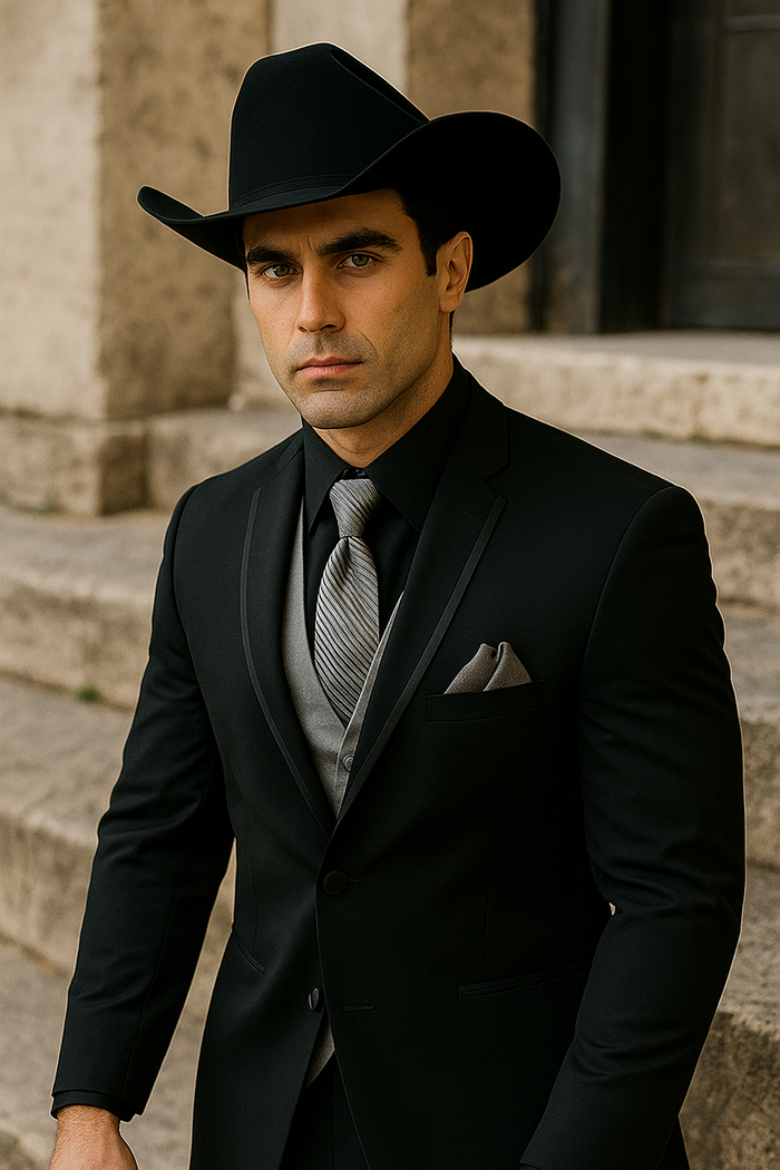 Mens Black Western Tuxedo with Silver Vest & Cowboy Hat  Slim Fit