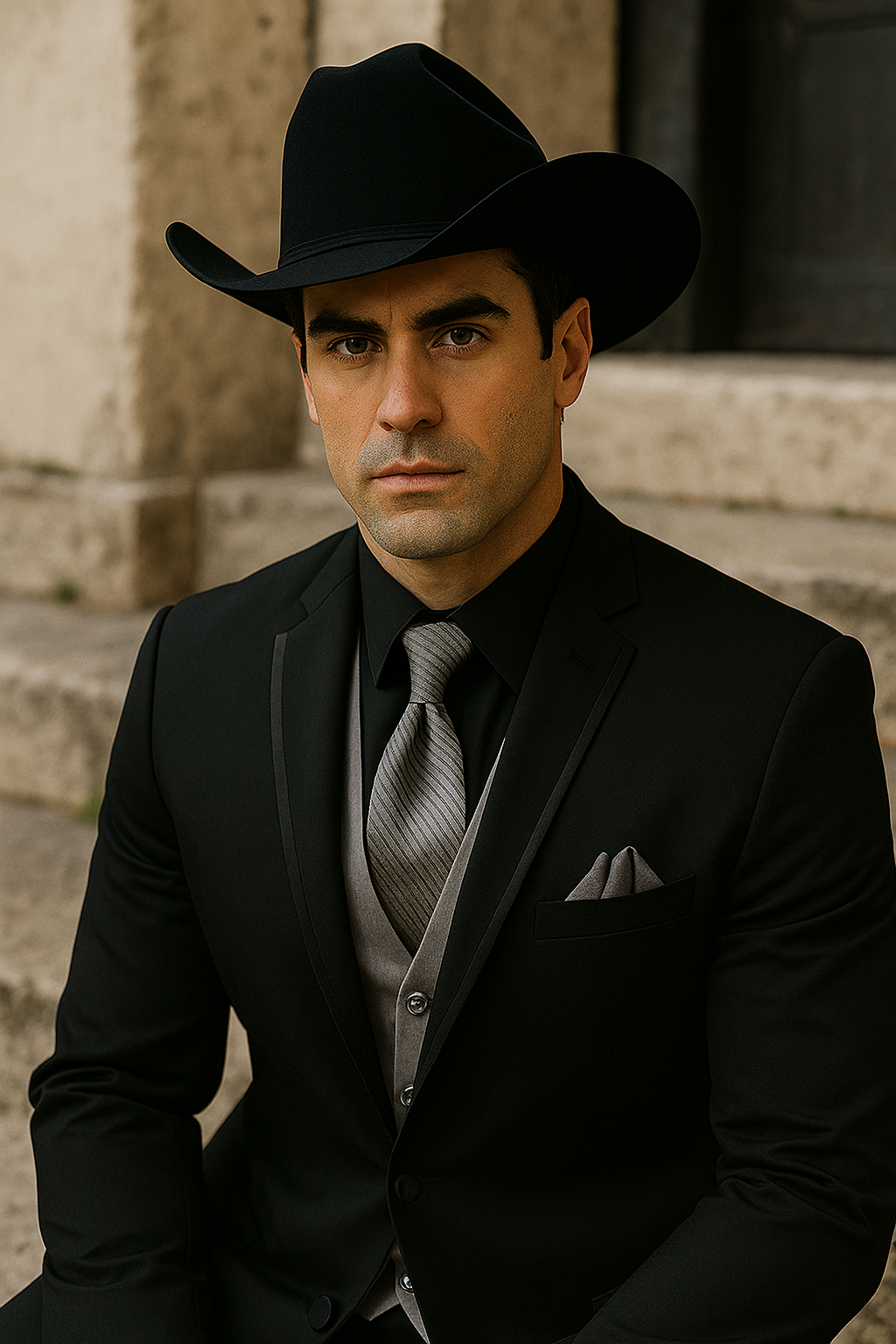 Mens Black Western Tuxedo with Silver Vest & Cowboy Hat  Slim Fit