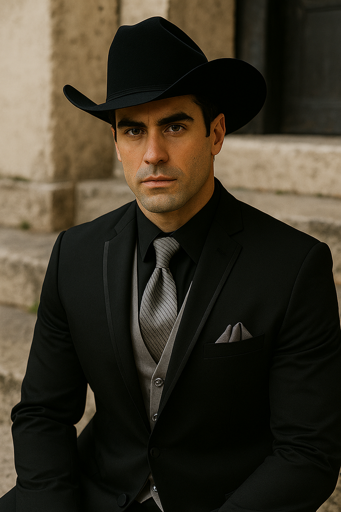 Mens Black Western Tuxedo with Silver Vest & Cowboy Hat  Slim Fit