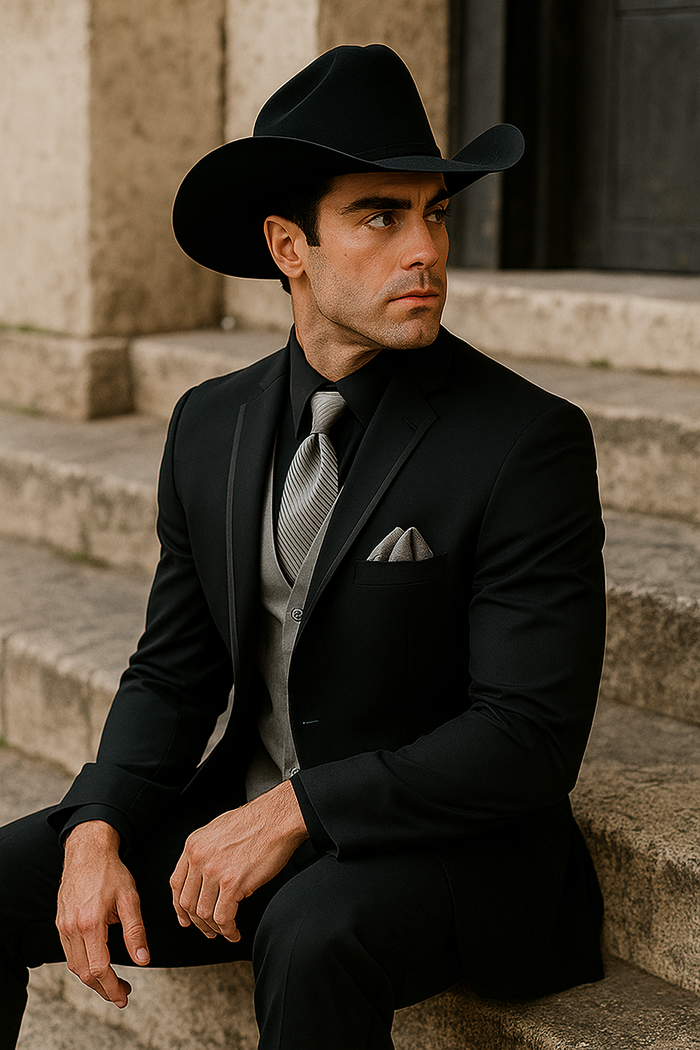 Mens Black Western Tuxedo with Silver Vest & Cowboy Hat  Slim Fit