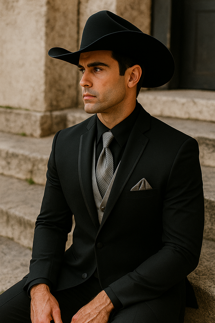 Mens Black Western Tuxedo with Silver Vest & Cowboy Hat  Slim Fit