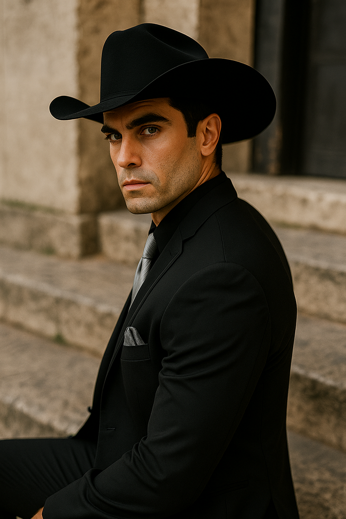Mens Black Western Tuxedo with Silver Vest & Cowboy Hat  Slim Fit
