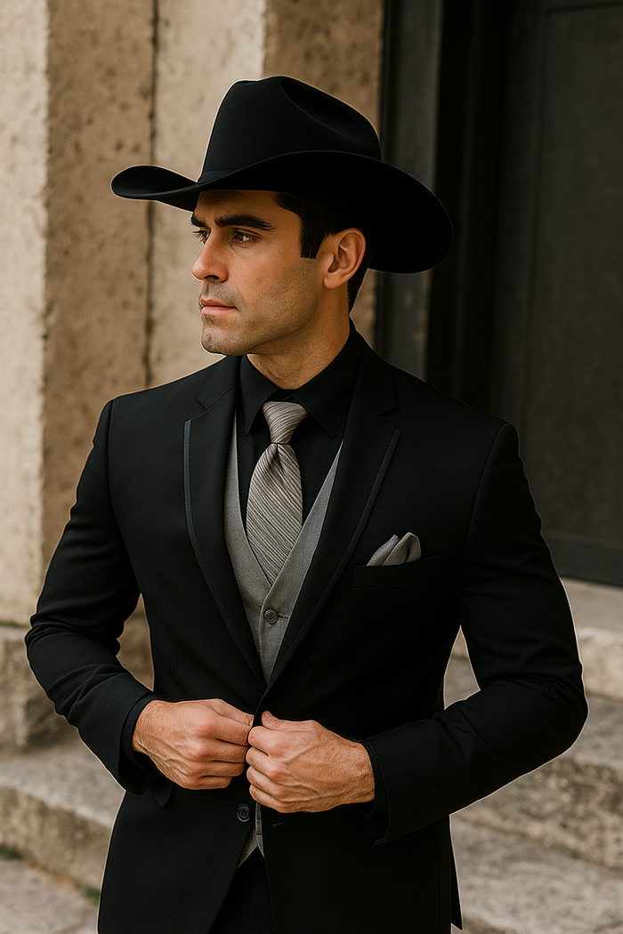 Mens Black Western Tuxedo with Silver Vest & Cowboy Hat  Slim Fit