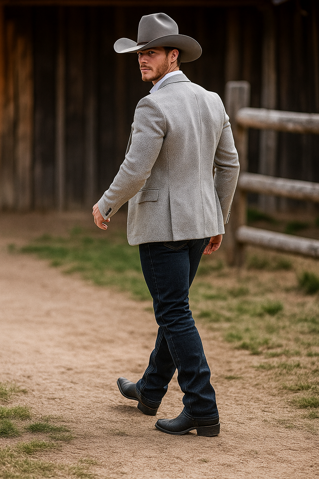 Western Cowboy Blazer for Men – Rugged Grey with Modern Fit