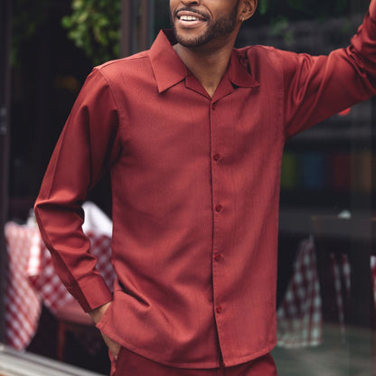 Cognac Tone-on-Tone Wave Texture Long Sleeve 2-Piece Walking Suit