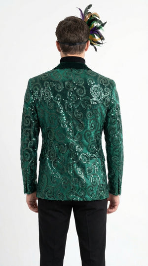 Mens Emerald Green Mardi Gras Blazer with Black Satin Lapel – Paisley Swirl Pattern Formal Party Jacket