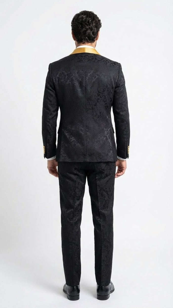 Mens Black and Gold Jacquard Tuxedo Suit  Luxury Slim Fit Formal Wedding, Prom, and Gala Outfit