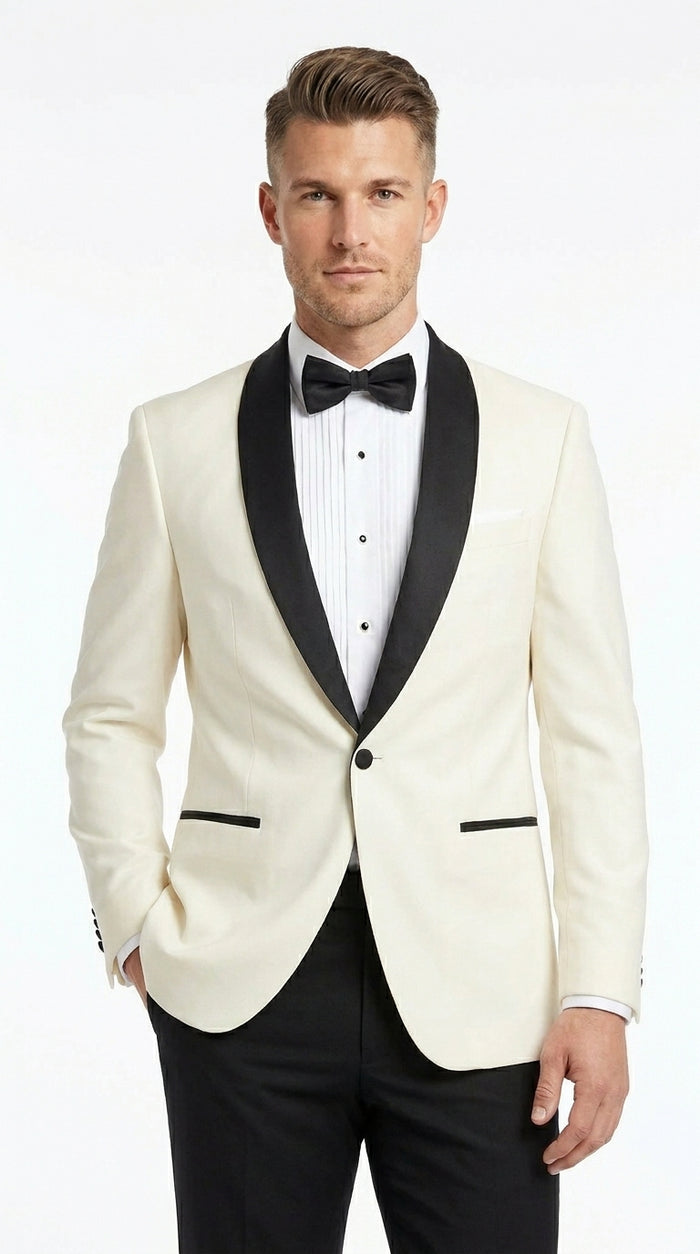 Men’s Ivory Dinner Jacket Blazer with Black Shawl Lapel, Formal Wedding Tuxedo Sport Coat