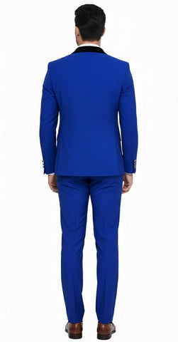 Mens Royal Blue Double-Breasted Tuxedo Suit – Modern Slim Fit Formal Wedding and Prom Outfit with Black Satin Lapel