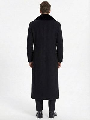 Men’s Black Long Overcoat with Faux Fur Collar, Full Length Winter Topcoat for Formal and Business Wear