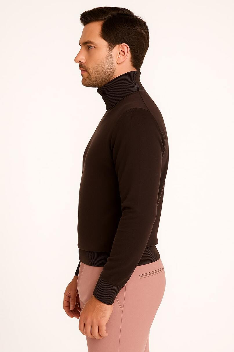 Men's Brown Turtleneck Sweater  Classic Slim Fit Knit Pullover for Fall and Winter