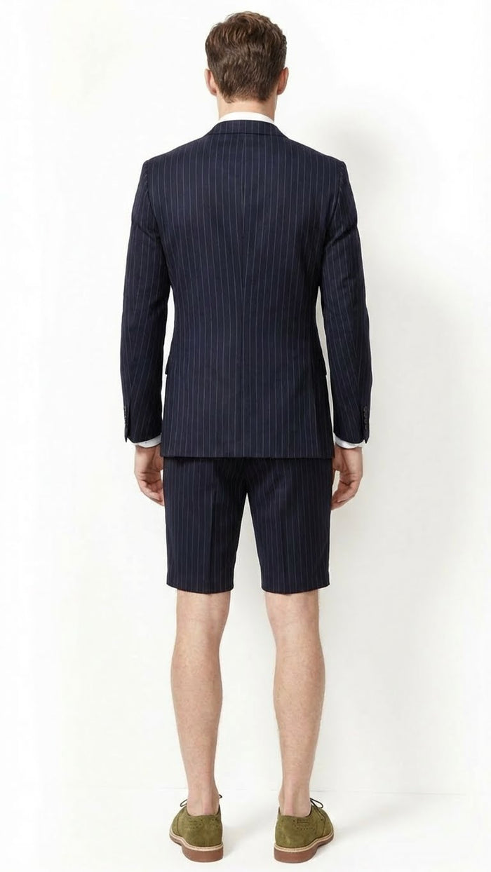 Men’s Dark Navy Blue Pinstripe or Black Pinstripe  Summer Business Suit with Shorts Pants Set – Sport Coat Style Formal and Casual Outfit