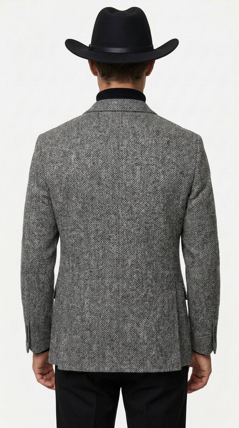 Men’s Grey Herringbone Winter Cowboy Blazer – Western Sport Coat Jacket