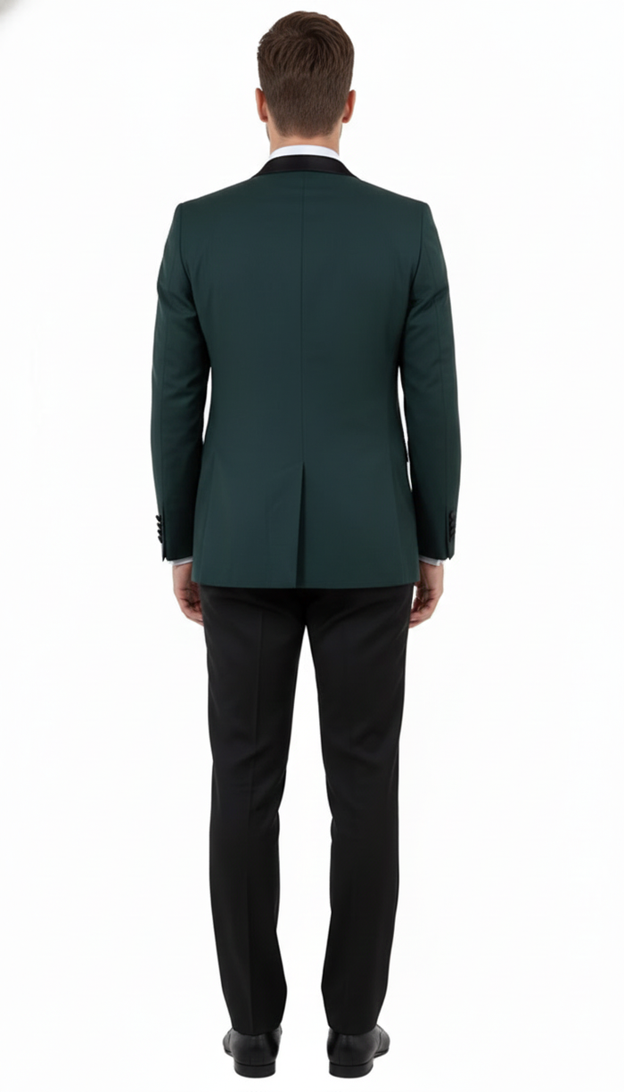 Mens Green Tuxedo Suit  Slim Fit Jacket with Black Satin Shawl Lapel and Black Pants in Hunter Green
