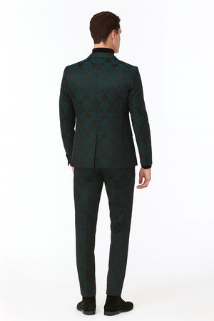 Mens Emerald Green Floral Jacquard 3-Piece Tuxedo Suits  Slim Fit Formal Set with Blazer, Vest, and Pants Paisley Fabric - Ultra slim fitted