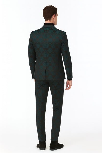 Mens Emerald Green Floral Jacquard 3-Piece Tuxedo Suit  Slim Fit Formal Set with Blazer, Vest, and Pants Paisley Fabric - Ultra slim fitted