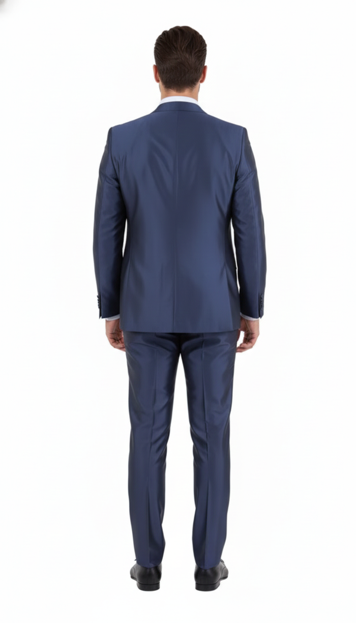 Mens Navy Blue Shiny Finish 3-Piece Suit Set  Premium Tailored Fit Formal Wedding and Party Sateen Slim Fitted Suit