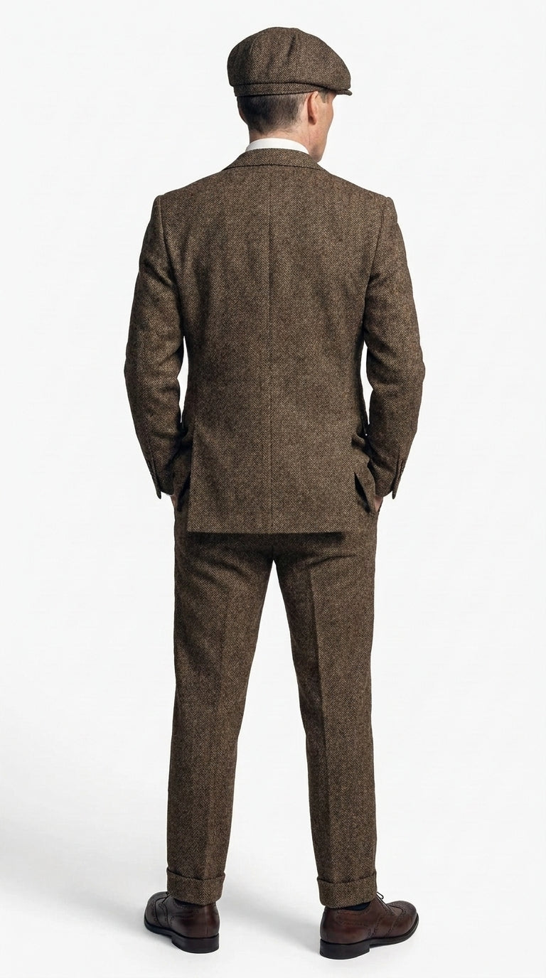 Men's Thomas Shelby Brown Herringbone 3-Piece Suit – Peaky Blinders 1920s Vintage-Style Suit with Matching Vest & Trousers