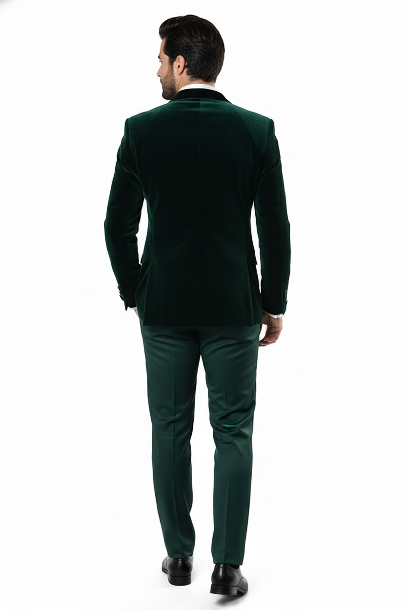 Mens Dark Green Velvet Tuxedo Dinner Jacket  Slim Fit Formal Blazer with Satin Peak Lapel Lape