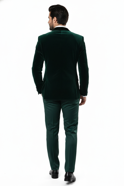 Mens Dark Green Velvet Tuxedo Dinner Jacket  Slim Fit Formal Blazer with Satin Peak Lapel Lape