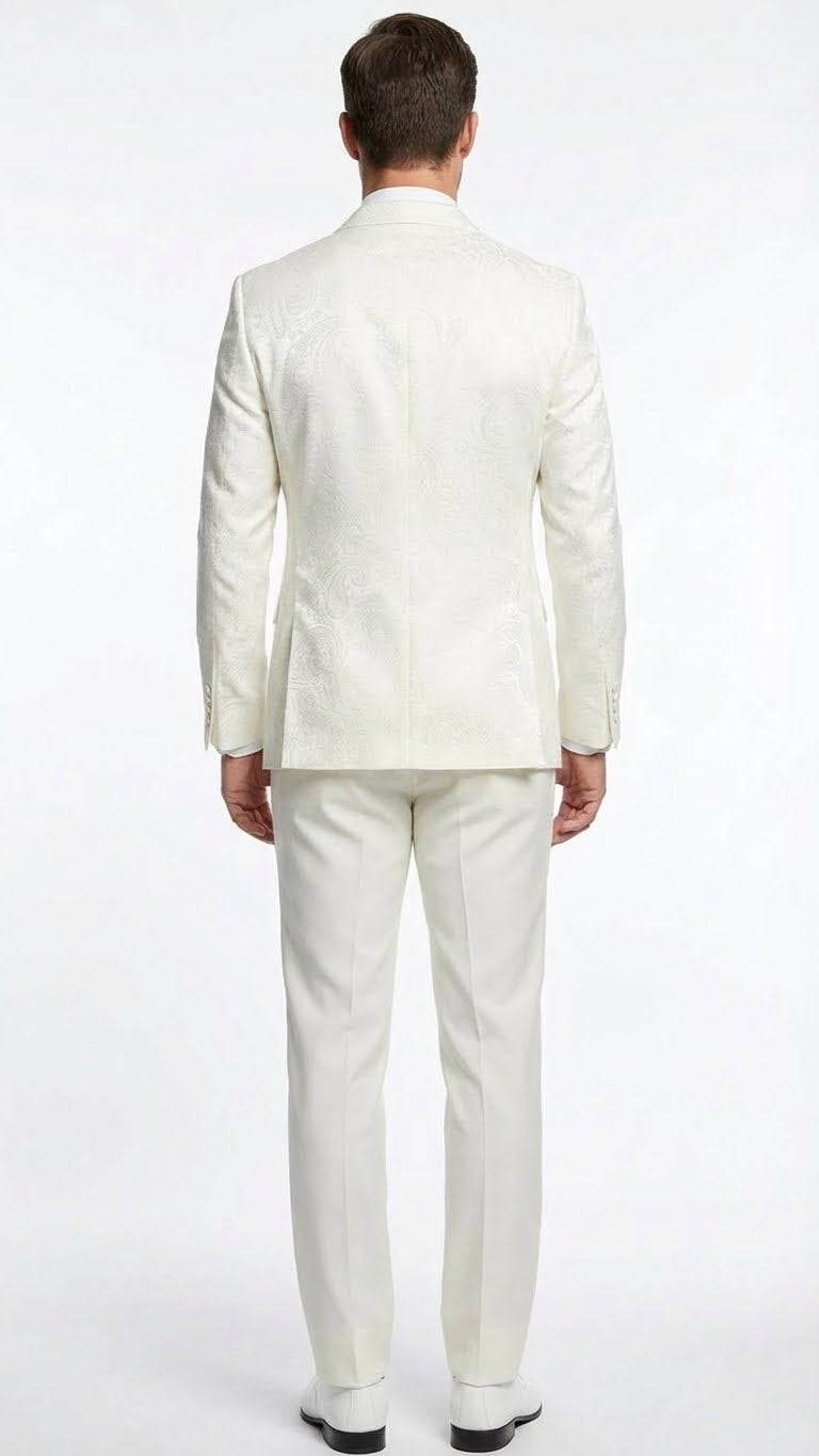 Mens Ivory Double Breasted Tuxedo Dinner Jacket  Textured Blazer Paisley Texture Pattern in Off White Cream Color  Bowtie