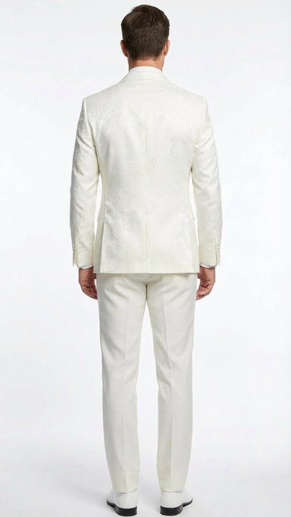 Mens Ivory Double Breasted Tuxedo Dinner Jacket  Textured Blazer Paisley Texture Pattern in Off White Cream Color  Bowtie