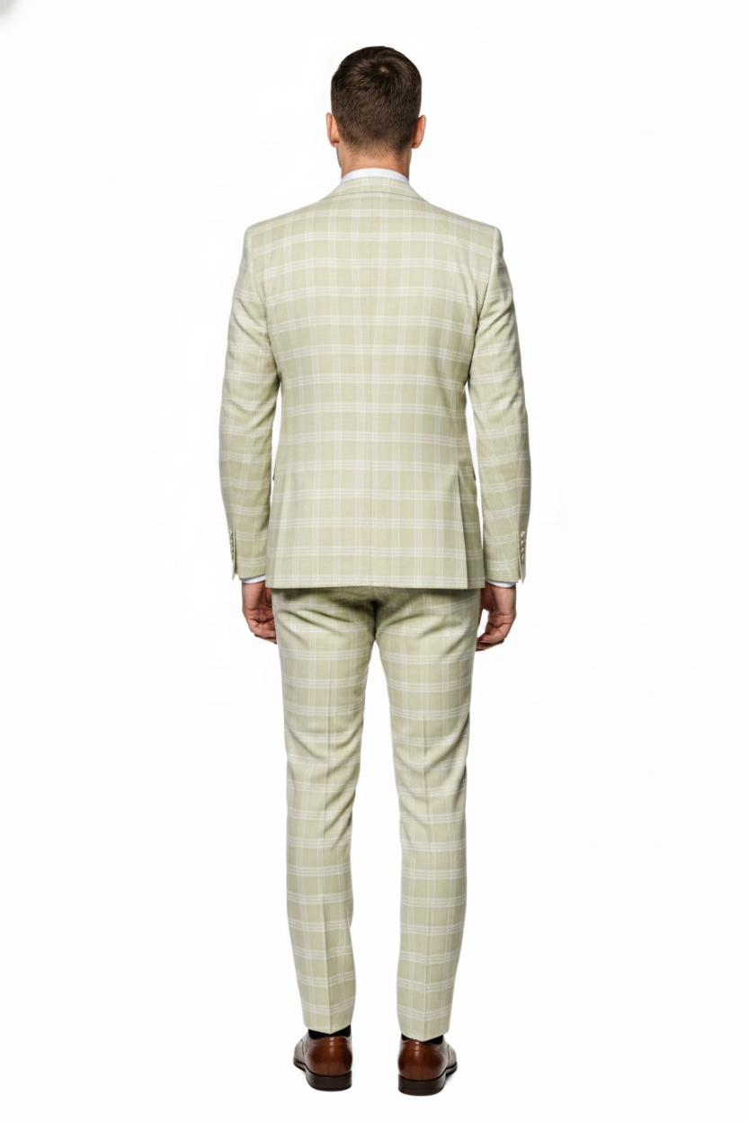 Mens Light Beige Check 3-Piece Suit Set  Premium Tailored Fit Formal Wedding and Spring Event Suit Light Tan Sand Color By Rossiman