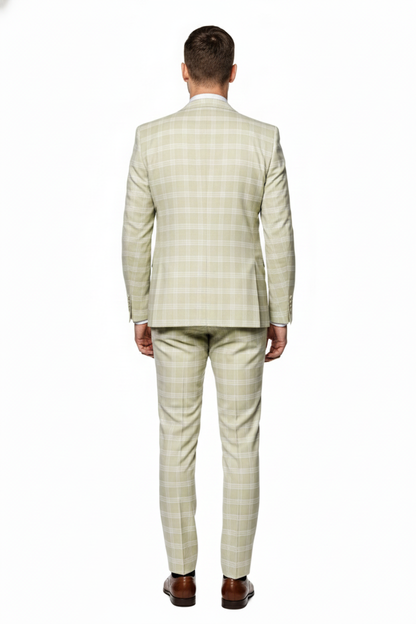 Mens Light Beige Check 3-Piece Suit Set  Premium Tailored Fit Formal Wedding and Spring Event Suit Light Tan Sand Color By Rossiman