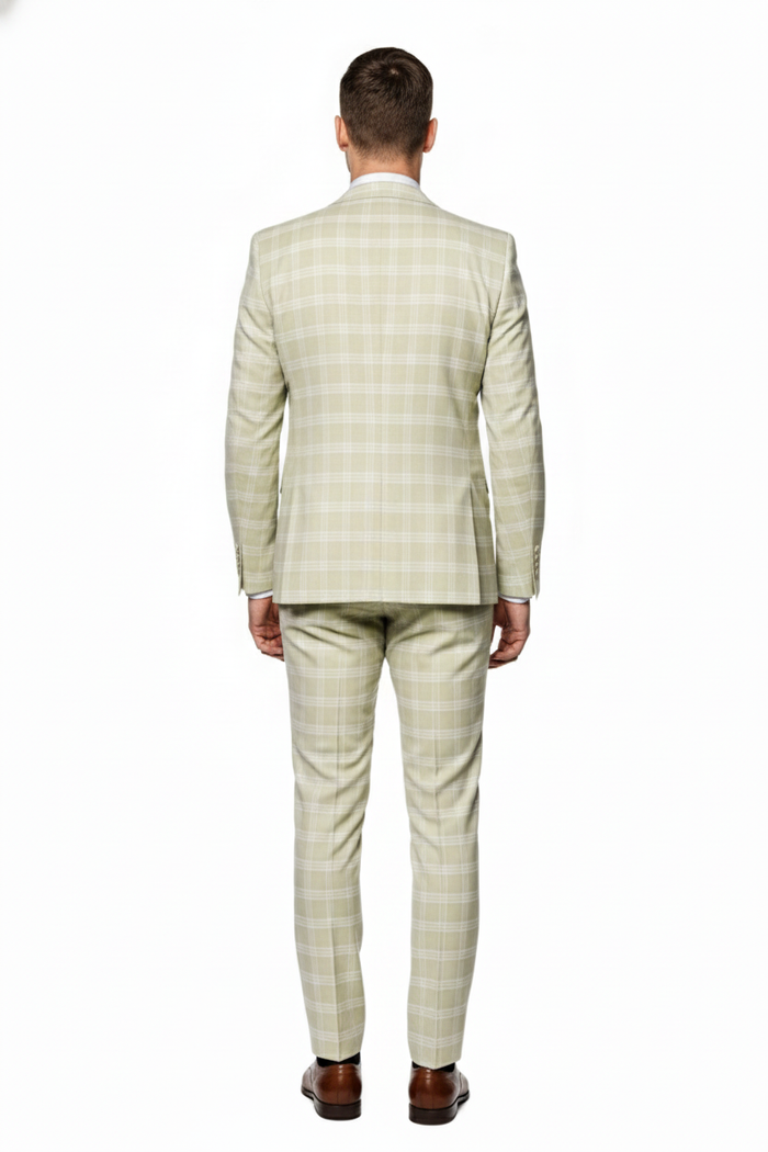 Mens Light Beige Check 3-Piece Suit Set  Premium Tailored Fit Formal Wedding and Spring Event Suit Light Tan Sand Color By Rossiman