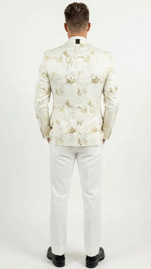 Men’s White and Gold Patterned Blazer – Paisley Floral Pattern Prom Wedding Suit Tuxedo Dinner Jacket + Bowtie