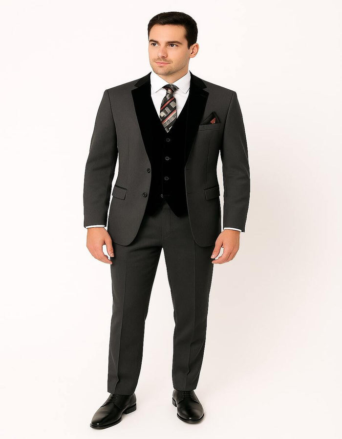 Men's Charcoal Gray 3-Piece Suit with Black Velvet Lapel  Formal Business and Wedding Attire - Gray Tuxedo