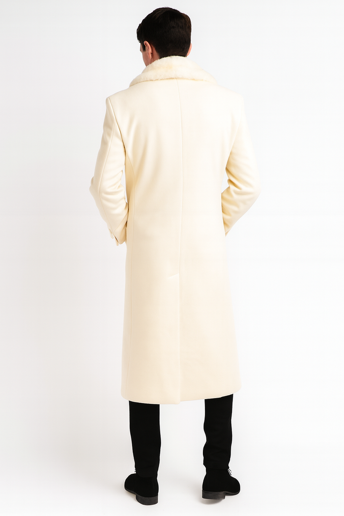 Mens Ivory - Cream - Off White Full-Length Overcoat with Luxurious Faux Fur Shawl Collar  Winter Dress Coat