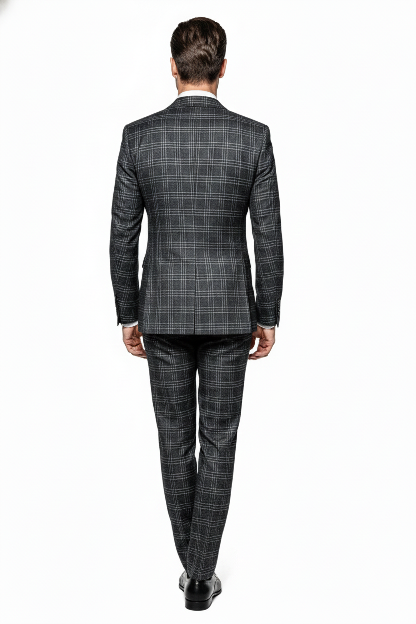 Mens Charcoal Plaid Double-Breasted Suit   Tailored Pants Windowpane Pattern By Rossiman