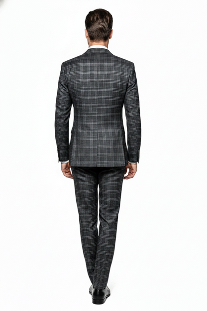 Mens Charcoal Plaid Double-Breasted Suit   Tailored Pants Windowpane Pattern By Rossiman