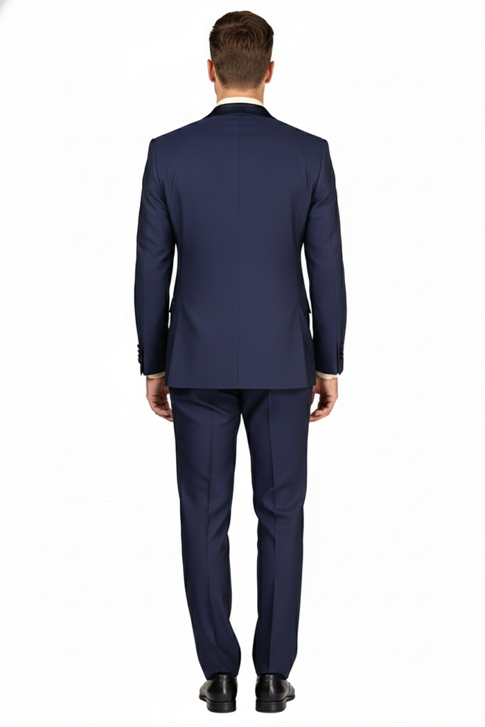 Mens Navy Blue Double-Breasted Tuxedo with navy Satin Peak Lapel Wedding Suit