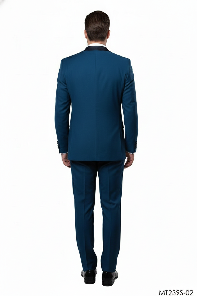 Mens Teal Blue Tuxedo  3-Piece Formal Suit with Satin Shawl Lapel, Vest, and Pants in Saphire Cobalt Blue Color