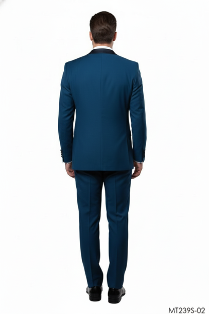 Mens Teal Blue Tuxedo  3-Piece Formal Suit with Satin Shawl Lapel, Vest, and Pants in Saphire Cobalt Blue Color